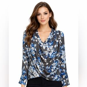 Chico's Blouse Women's Size Large Draped Floral lightweight Gray Blue Chicos 2